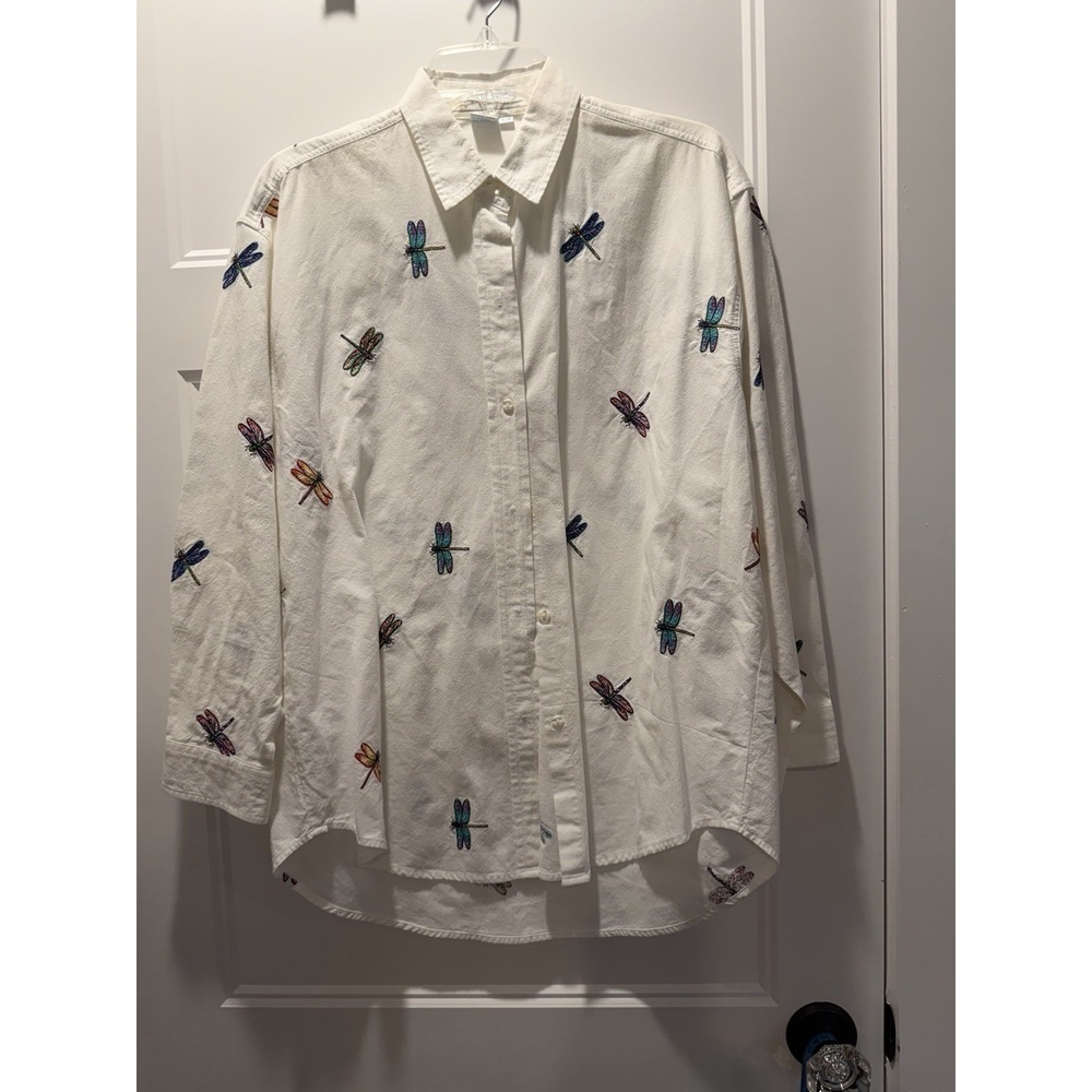 Vintage Casey Coleman Embroidered Dragonfly Cotton Button Down Shirt White S/M